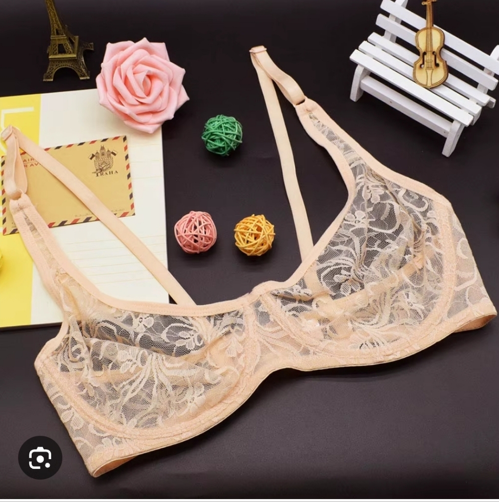 NWT- Le Mystere Women’s Sheer Lace Transparent Balconette Bra Cream